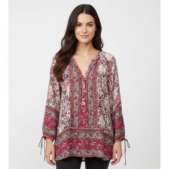Lucky Brand Tops - Lucky Brand Boho Red Cream Floral Tunic Top Peasant Blouse Medium Flowy Folk